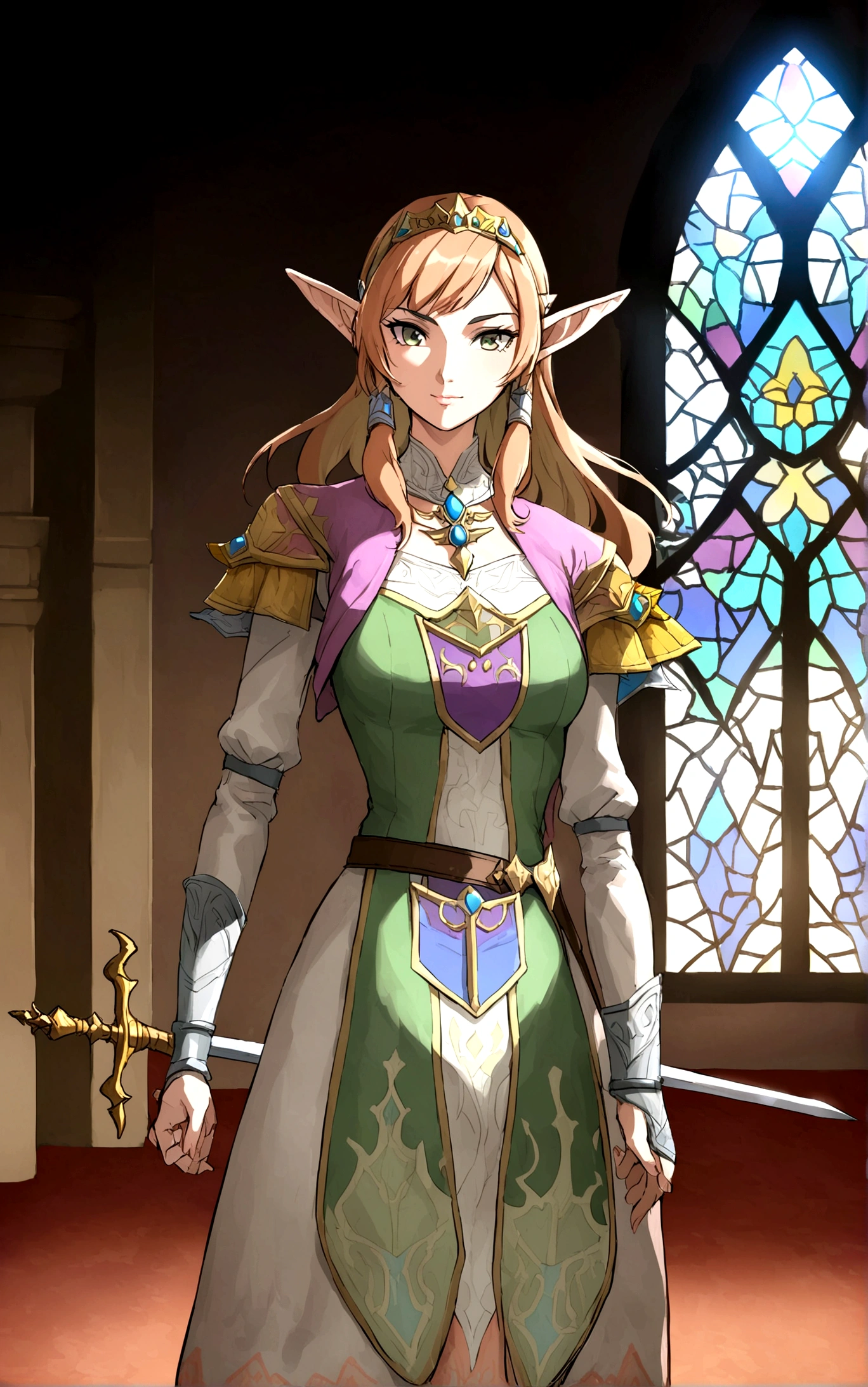 Cate Blanchett (age 25, elf ears, Twilight princess Zelda costume), heroic pose, lavish room with stained glass
