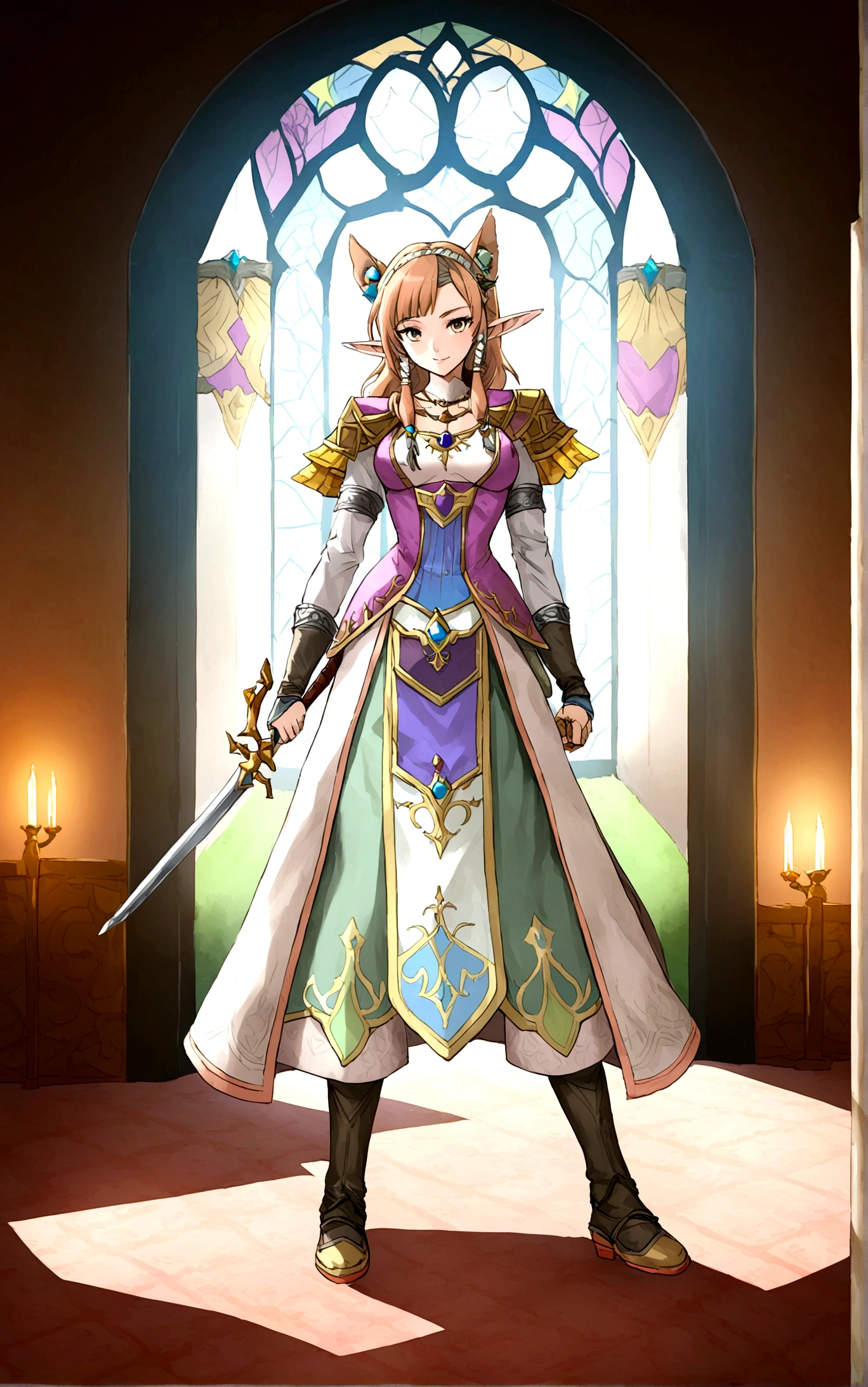 Cate Blanchett (age 25, elf ears, Twilight princess Zelda costume), heroic pose, lavish room with stained glass