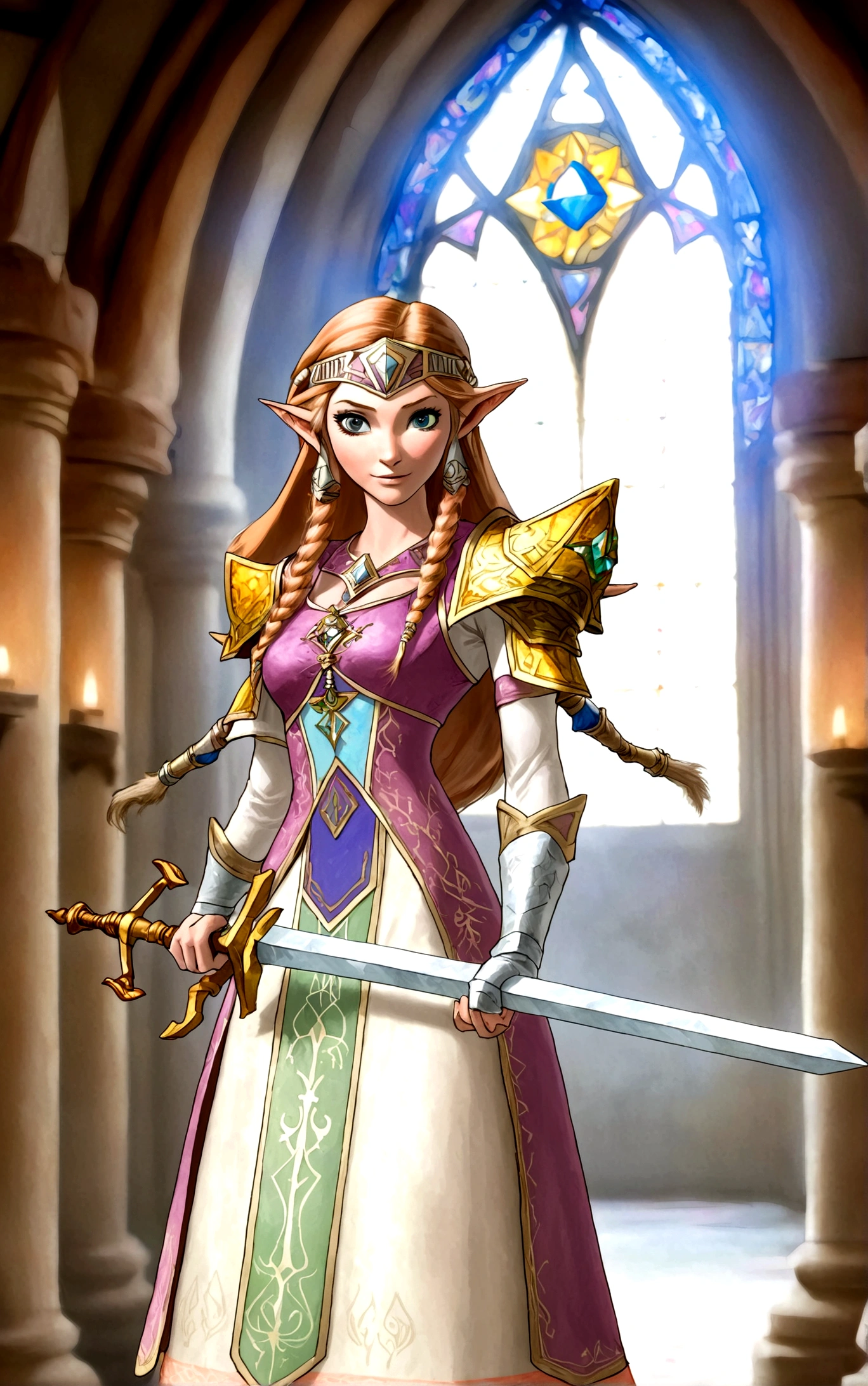 Cate Blanchett (age 25, elf ears, Twilight princess Zelda costume), heroic pose, lavish room with stained glass