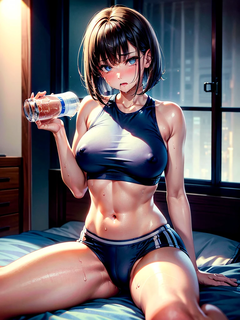 Highest quality,Highest Resolution,A beautiful girl with a crying face wearing high-cut gym clothes,Bedroom,Brown hair short bob,Tears,Transparent nipples,sweat profusely,drooling a lot of saliva,(((Drink))),Very beautiful eyes,Night view outside the window,whole body,front,Leg spread,