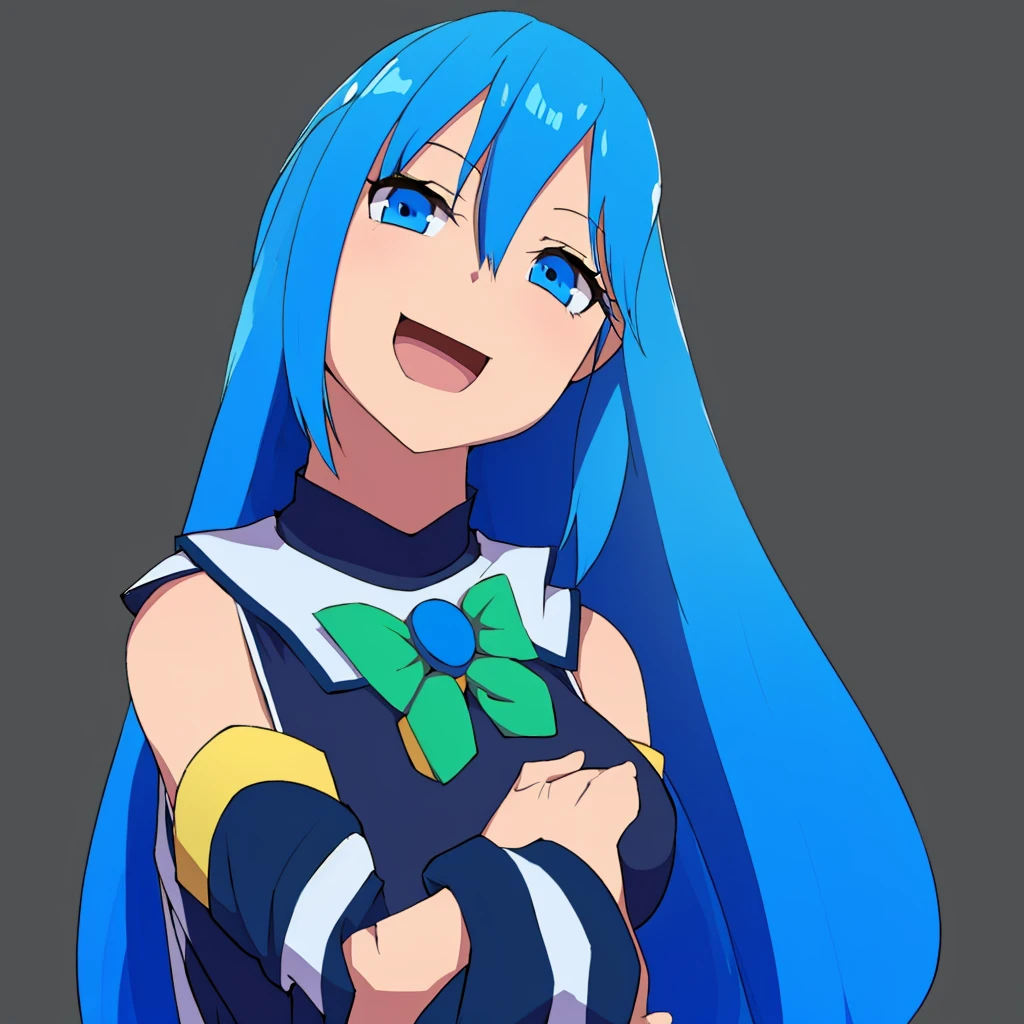 1girl, long hair, solo,open mouth,smile,upper body,head tilt, blue hair, blue eyes, detached sleeves, black background, hair ornament,simple background, bare shoulders, single hair ring,green bow, looking at viewer, blue shirt,