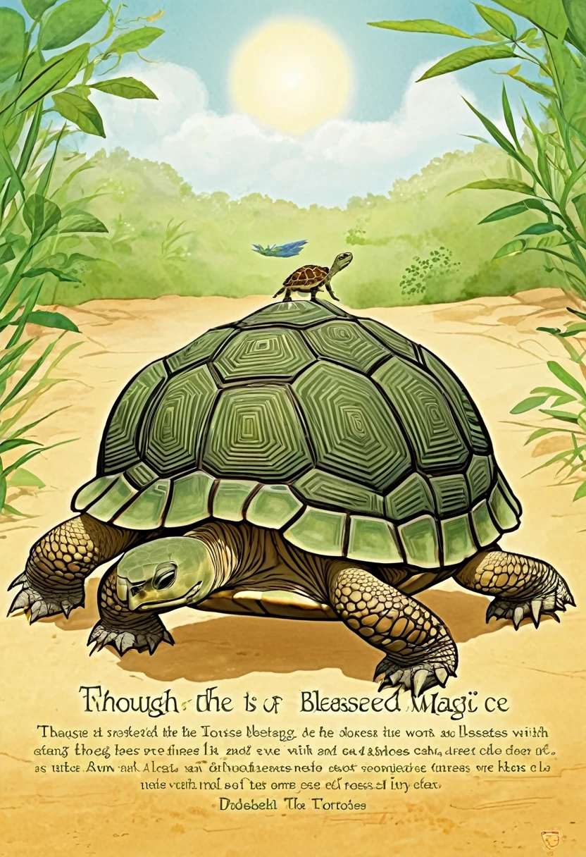 An animated sequence illustrating the words of the poem. "Though the tortoise blessed with magic"