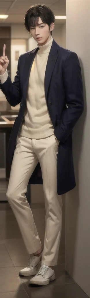 (photorealistic:1.2), (high detail face:1.3), (high detail hands:1.3), (anatomically correct hands:1.2), handsome young asian man, Japanese idol style, short clean-cut hair, ((center part)), white lab coat, black hoodie underneath, calm confident expression, (holding a product in right hand:1.3), (pointing with left index finger:1.3), explaining pose, plain white background, mid-shot portrait, high quality, detailed, 8K, (realistic skin texture:1.2), (sharp focus:1.1)