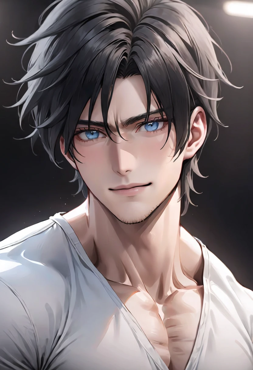 (masterpiece, High resolution, Super detailed:1.0), (1 male, Adult male, 27 years old, Soft and handsome face), Very high, the right amount of muscle, Detailed face, (black hair, medium long hair, Center parted bangs), (blue eyes, Sagging eyes, Hanging eyes, long eyelashes), (Wearing only a half-open white shirt, Black and gray cotton pants, Show some muscle), (Slightly red cheeks, sweat, Playful, Seductive smile:1.3), (light black background, front, looking at the audience), (SuperQuality:1.0)