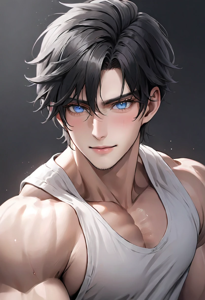 (masterpiece, High resolution, Super detailed:1.0), (1 male, Adult male, 27 years old, Soft and handsome face), Very high, the right amount of muscle, Detailed face, (black hair, medium long hair, Center parted bangs), (blue eyes, Sagging eyes, Hanging eyes, long eyelashes), (Wearing only a half-open white shirt, Black and gray cotton pants, Show some muscle), (Slightly red cheeks, sweat, Playful, Seductive smile:1.3), (light black background, front, looking at the audience), (SuperQuality:1.0)