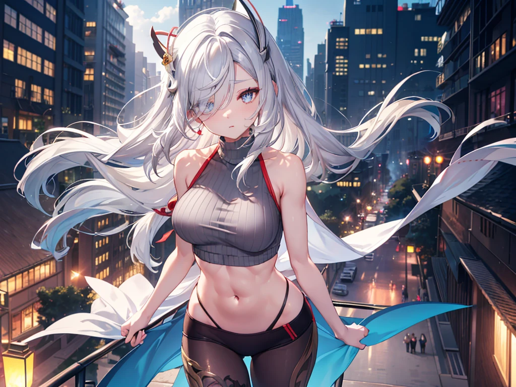 Shenhe V4, (Shen He wears a sweater), White sweater, stocking, (Solitary:1.1), (Mature woman:1.2), Pretty Face, (Delicate eyes), Symmetrical eyes, (Thin lips), (Long hair, Gray hair, Weaving, Hair covering one eye, Hair accessories), (Beautiful round breasts), Full body, Abdominal muscles, Bare belly, Slim waist, (masterpiece, Best quality), Soft ambient lighting, permanent, Front view, city street background, architecture, New York, Bright colors, sunny, Blue sky, Looking at the audience, Slim waist, HD, 8K, Bright colors, complex, (Abdominal musclesurdres:1.2), Vague_background, Bokeh, (Clear focus) ((Delicate face)), Facial details, (pov thigh)