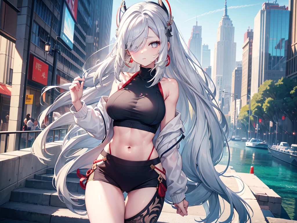 Shenhe V4, (Shen He wears a sweater), White sweater, stocking, (Solitary:1.1), (Mature woman:1.2), Pretty Face, (Delicate eyes), Symmetrical eyes, (Thin lips), (Long hair, Gray hair, Weaving, Hair covering one eye, Hair accessories), (Beautiful round breasts), Full body, Abdominal muscles, Bare belly, Slim waist, (masterpiece, Best quality), Soft ambient lighting, permanent, Front view, city street background, architecture, New York, Bright colors, sunny, Blue sky, Looking at the audience, Slim waist, HD, 8K, Bright colors, complex, (Abdominal musclesurdres:1.2), Vague_background, Bokeh, (Clear focus) ((Delicate face)), Facial details, (pov thigh)