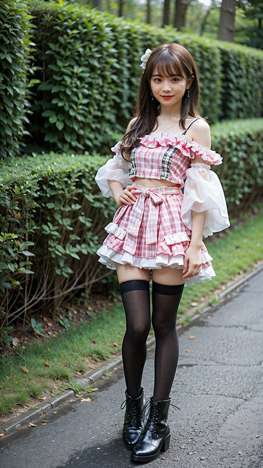 (8K、RAW Photos、Highest quality、masterpiece:1.2)、(Highest quality、Realistic)、1 Girl、((Frills、See-through、Off the shoulder、Idol Costume、tights、pink and black mini skirt、Thin legs、whole body、boots、garden、View from the front、Looking into the camera、belly button、Stand with hands on hips))、cute