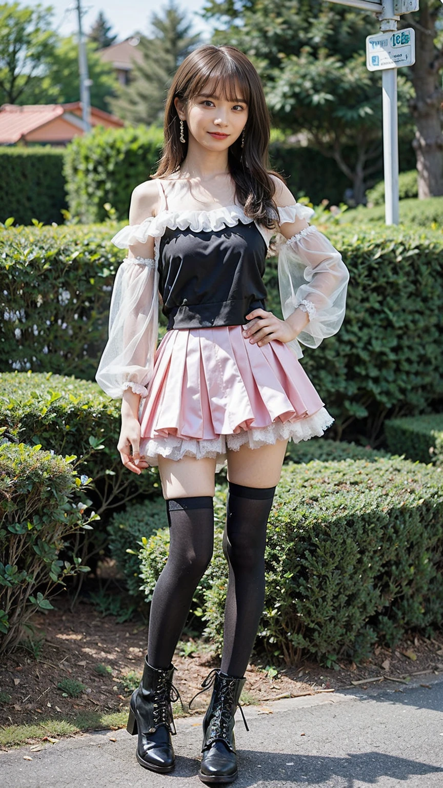 (8K、RAW Photos、Highest quality、masterpiece:1.2)、(Highest quality、Realistic)、1 Girl、((Frills、See-through、Off the shoulder、Idol Costume、tights、pink and black mini skirt、Thin legs、whole body、boots、garden、View from the front、Looking into the camera、belly button、Stand with hands on hips))、cute