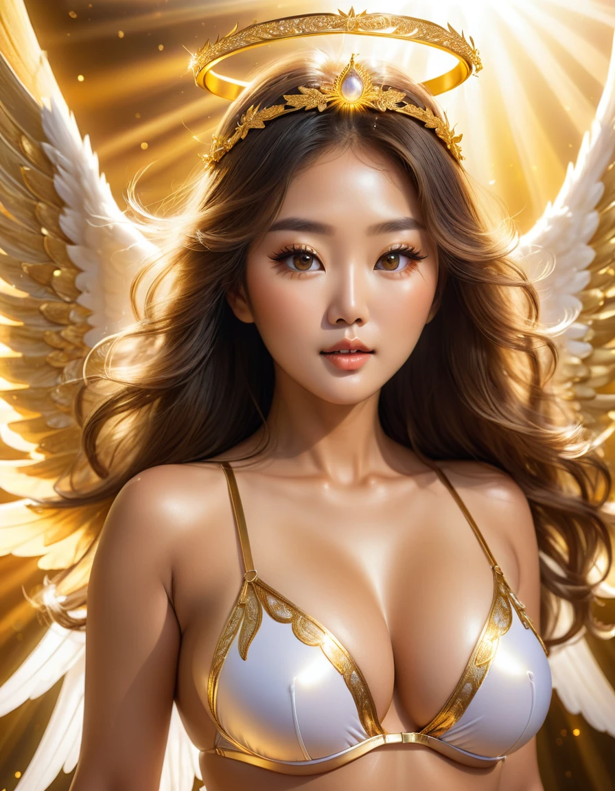 a beautiful busty Asian angel woman,white and gold thong bikini,detailed eyes,detailed lips,detailed face,long eyelashes,heavenly goddess,ethereal beauty,glowing skin,flowing hair,angelic wings,golden halo,sunbeams,warm lighting,vibrant colors,photorealistic,8k,high quality
