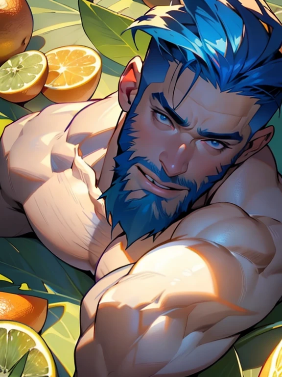lying down, fruits background (Best Quality, 4k, 8k, high resolution, Masterpiece: 1.2), ultra detailed, Male portrait, medium closeup, very detailed face, detailed facial features, muscular build, spectacular lighting, close-up, from above, anatomically correct, super detail, full blue beard and short blue hair, smile, winking an eye, hairy chest.