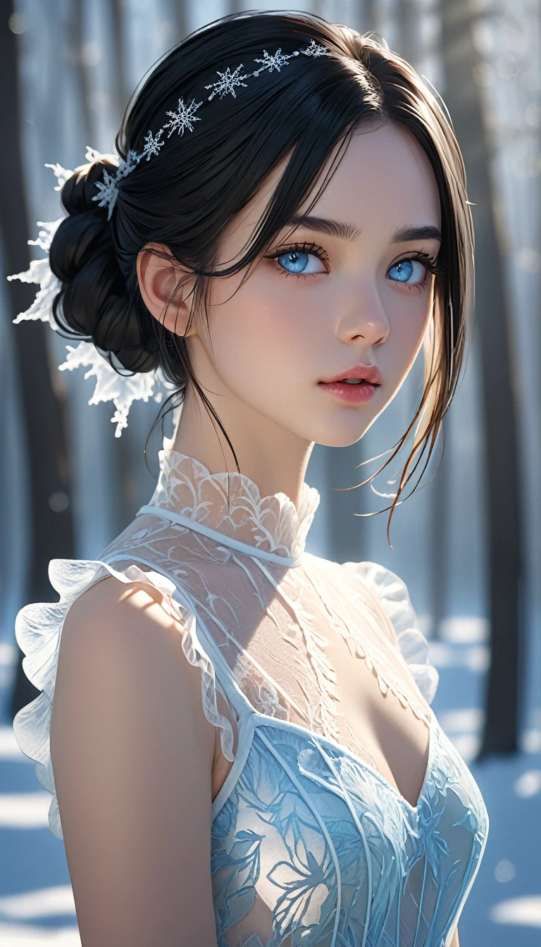 (((masterpiece))),best quality,illustration,8k wallpaper,UHD,high details,highres,16k,high quality,super detail,textured skin,accurate,anatomically correct,award winning,movie lighting,(medium shot),(upper body shot),absurd,1 girl,(ice),in winter,(pale blue eyes),longeyelashes,pupils sparkling,(black hair),shiny hair,medium hair style,(straight hair),transparent clothes,frills,lace,(white dress),leave_Shoulder,hair tie,telephoto lens,absurd,Exquisite face,features,natural light,soft light,(Seven-part combination),epic,Dreamy and magical,mystery,