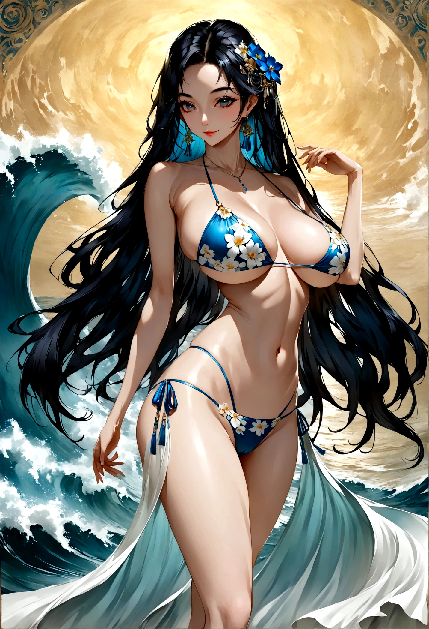 Black hair with inner light blue waves、Big Breasts、1 pretty girl、The outfit is a sexy floral bikini、The background is the sea、Beautiful feet、smile、mysterious、Shining、Standing posture