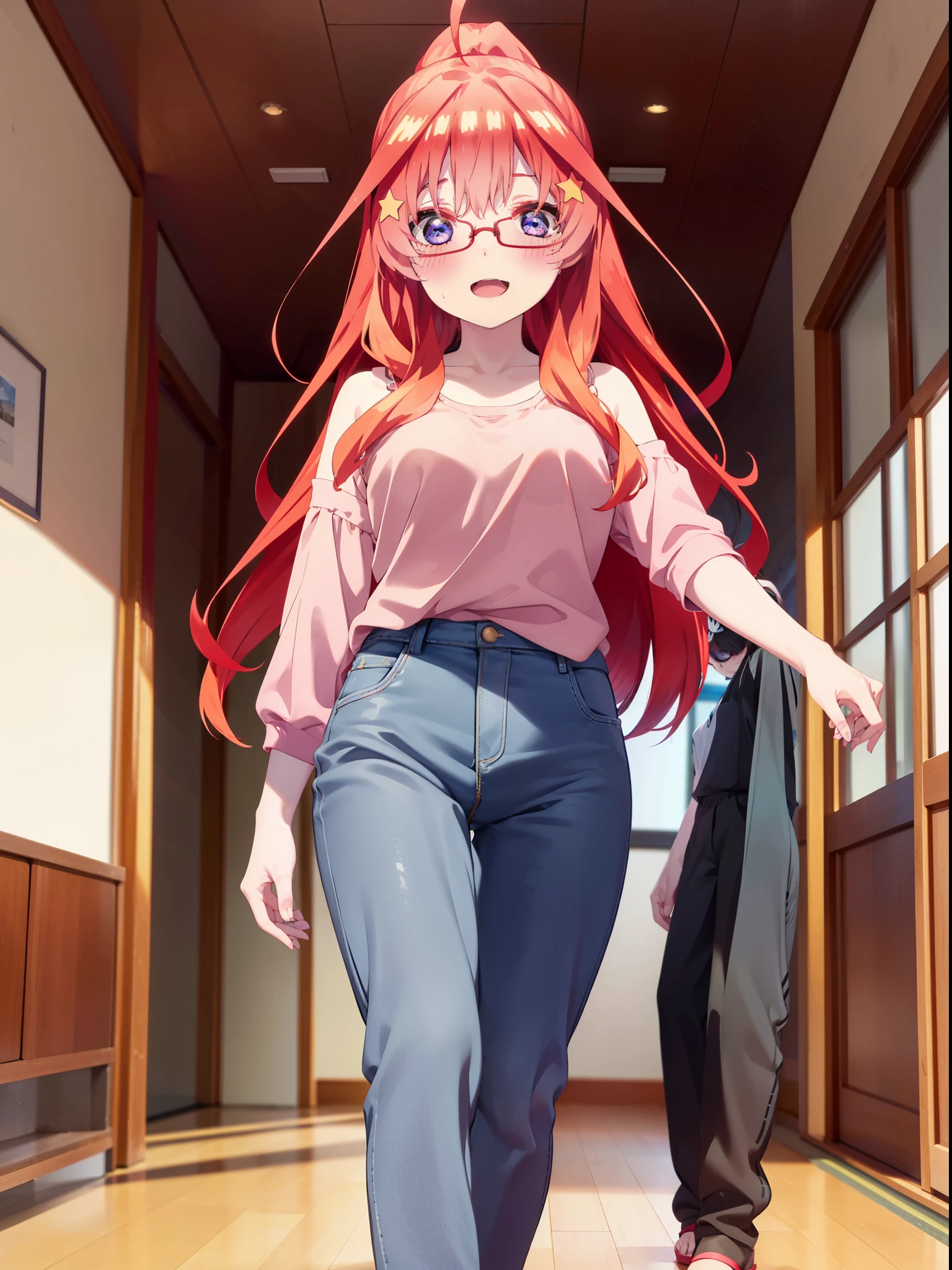 itsukinakano, itsuki nakano, bangs, blue eyes, Hair between the eyes, Ahoge, Redhead, star \(symbol\), hair ornaments, star hair ornaments,smile,blush,Open your mouth,ponytail,Red-rimmed glasses,Cold Shoulder Shirt,skinny pants,Stiletto heels,Walking,whole bodyがイラストに入るように,
break indoors, School,廊下
break looking at viewer, whole body,
break (masterpiece:1.2), Highest quality, High resolution, unity 8k wallpaper, (figure:0.8), (Beautiful attention to detail:1.6), Highly detailed face, Perfect lighting, Highly detailed CG, (Perfect hands, Perfect Anatomy),