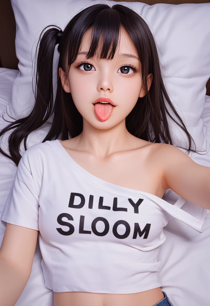 ollarbone,black colors t-shirt,off-shoulder look,bare shoulder,midriff peek,micro shorts,open mouth,(tongue out:2),lying,Selfie,looking ahead,from above,front view,upper body,(1girl,Beautiful 14 year old girl),((Slender,Small breasts,Small face,)),(looking at viewer),Black Hair,bangs,one side up,Beautiful and detailed,(Dimly lit room:1.5),Simple Background,bed,pillow,best quality,Brilliant Quality
