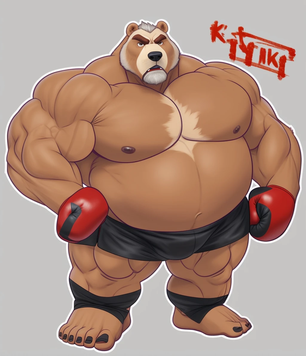 solo, 1boy, Huge Muscular Old Grizzly Bear wearing kickboxing MMA belt , thick pectoral, thick arms, huge pectoral, wide pectoral, oversized muscles, huge brown fur, short white hair, Kickboxing MMA shorts, kickboxing MMA gloves, Kickboxing MMA Footwear 5 toes and shirtless, bearded, Kickboxing Martial Arts Cage Tournament background, masterpiece, semirealistic:1.2, high detailed, 8k, high resolution, uppercut punch