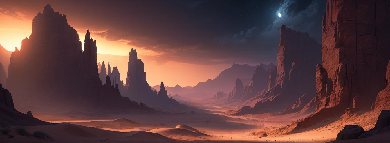 Desert Canyon, Dark Fantasy, night, Octane Rendering, complex, (best quality, masterpiece, representative work, Official Art, professional, Unity 8K wallpaper), (author：Noah Bradley:1.2)