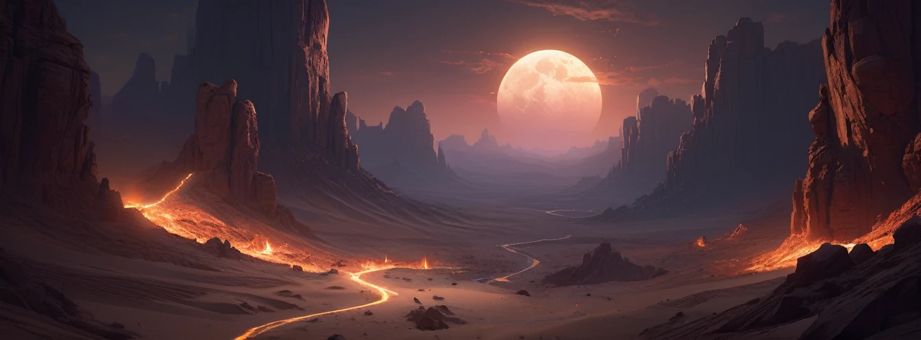 Desert Canyon, Dark Fantasy, night, Octane Rendering, complex, (best quality, masterpiece, representative work, Official Art, professional, Unity 8K wallpaper), (author：Noah Bradley:1.2)