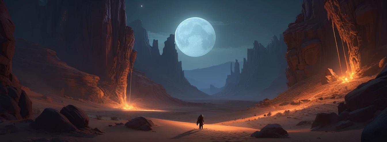 Desert Canyon, Dark Fantasy, night, Octane Rendering, complex, (best quality, masterpiece, representative work, Official Art, professional, Unity 8K wallpaper), (author:Noah Bradley:1.2)