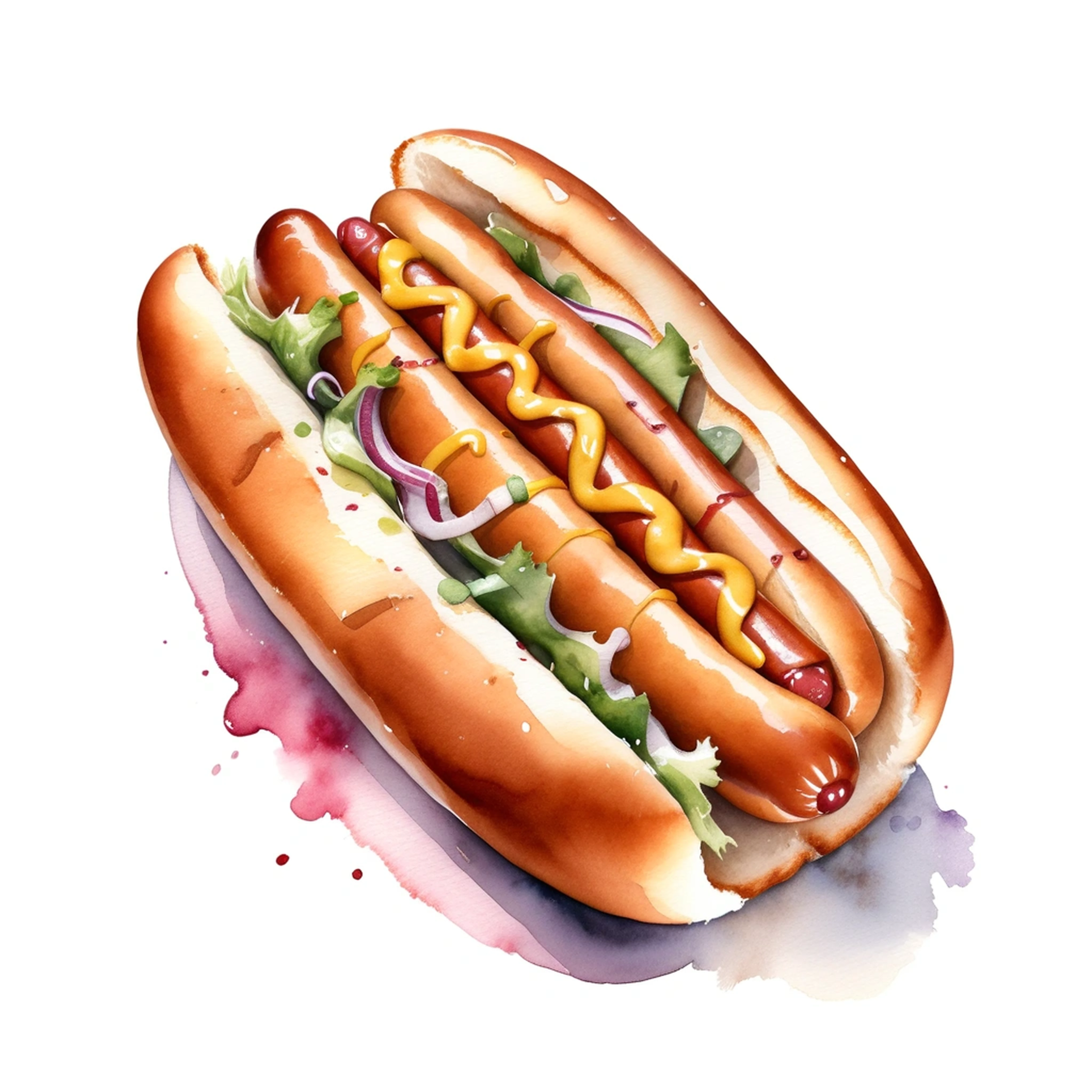 there is a huge extremely delicious fresh hot dog, (watercolor), illustration, isolated with solid white background, surrounded with negative space, centered compositon, 8k, highly detailed painting, very precise painting, Isolated, clear brilliant white background