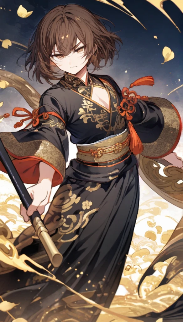 Brown hair, two-block style, black clothing with gold embroidery, black flames, gold petals, handle, male