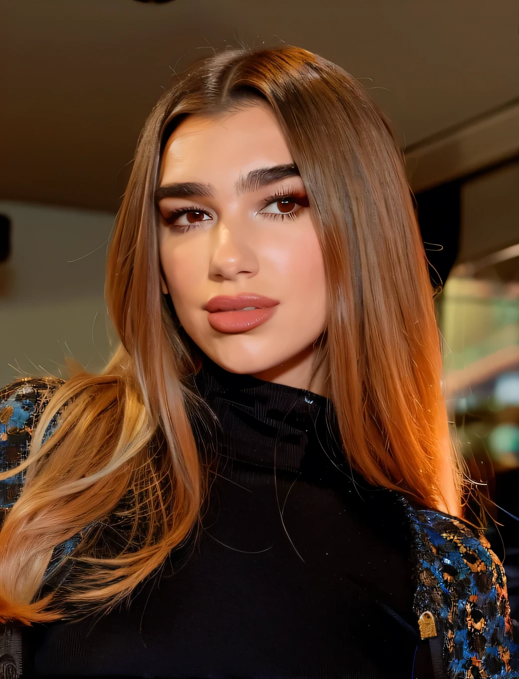 Dua Lipa long hair and light blue blouse