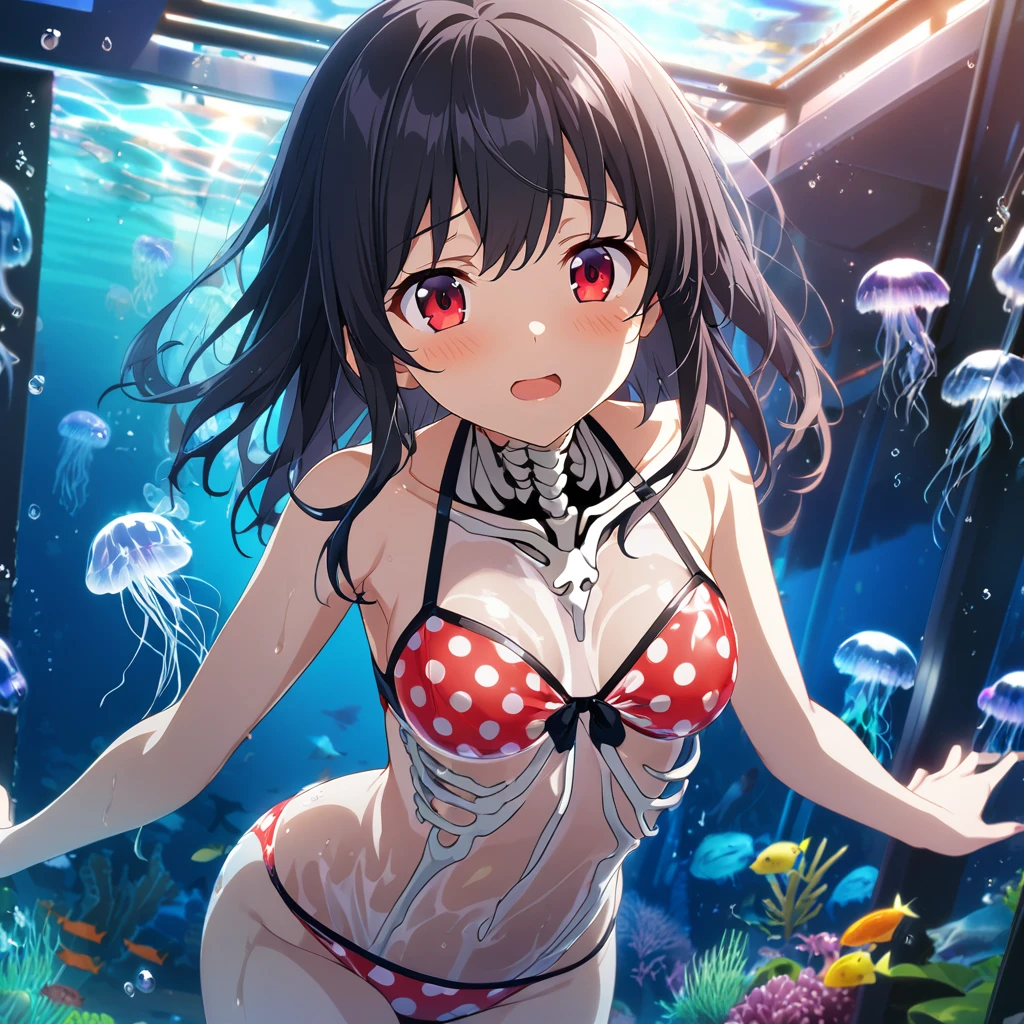 1girl、Black Hair、Red eyes、Skeleton Body、Red polka dot bikini swimsuit、Translucent Leotards、Blue jellyfish、aquarium、deep faint light 、 detailed CG、high resolution