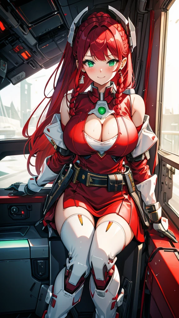 20-year-old girl,Crimson hair,side braid,Smile,Huge breasts,cleavage,Sheer red sleeveless top,Leave space in the middle to reveal cleavage,Soaked all over,Blushing,green eyes,Female spy,Red miniskirt,White gloves,White hand sleeves,White boots,Science fiction,Future,robot driver,There is a pistol on the back belt,No bangs,Wearing earrings only on one side,leather neck brace,There is a belt around the waist,Inside the huge robot cockpit,Sitting in the driving seat,Darkness all around