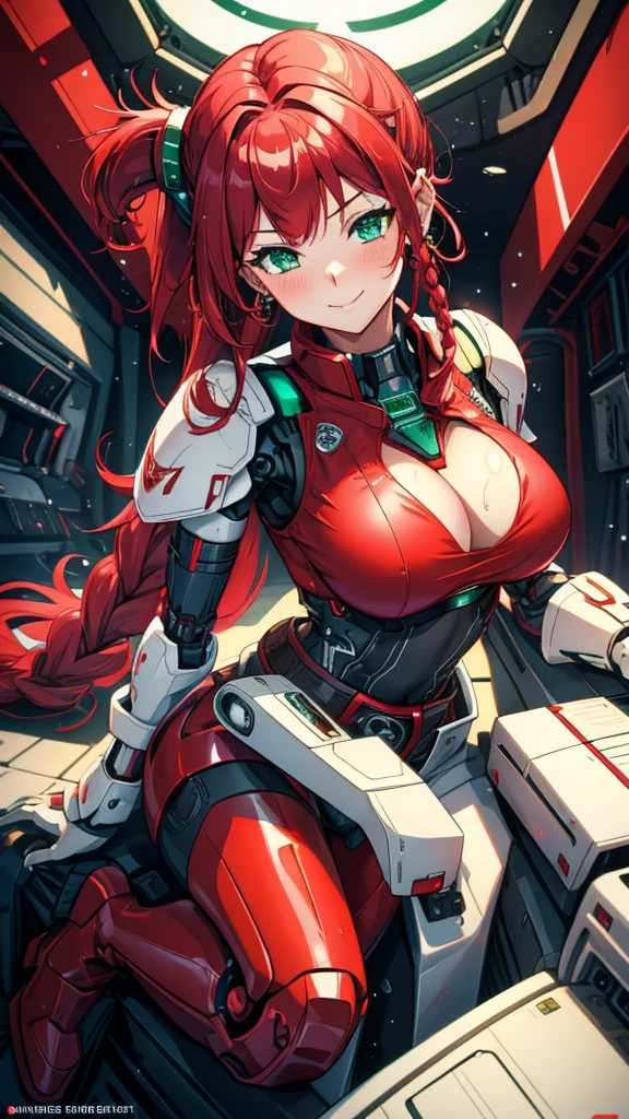 20-year-old girl，Crimson hair，side braid，Smile，Huge breasts，cleavage，Sheer red sleeveless top，Leave space in the middle to reveal cleavage，Soaked all over，Blushing，green eyes，Female spy，Red miniskirt，White gloves，White hand sleeves，White boots，Science fiction，Future，robot driver，There is a pistol on the back belt，No bangs，Wearing earrings only on one side，leather neck brace，There is a belt around the waist，Inside the huge robot cockpit，Sitting in the driving seat，Darkness all around