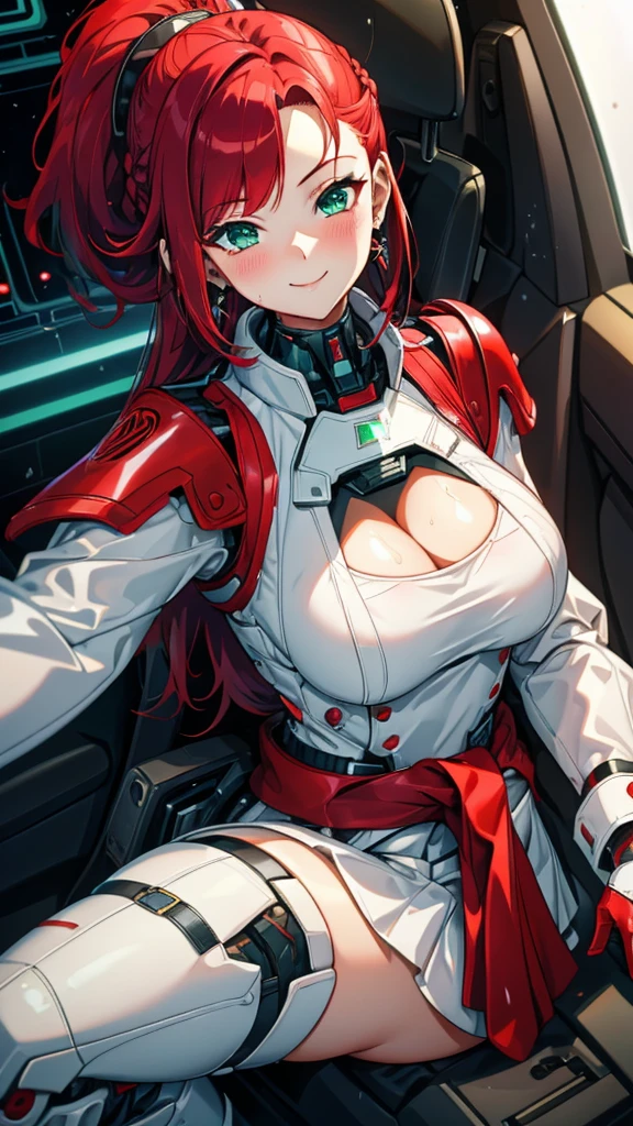 20-year-old girl，Crimson hair，side braid，Smile，Huge breasts，cleavage，Sheer red sleeveless top，Leave space in the middle to reveal cleavage，Soaked all over，Blushing，green eyes，Female spy，Red miniskirt，White gloves，White hand sleeves，White boots，Science fiction，Future，robot driver，There is a pistol on the back belt，No bangs，Wearing earrings only on one side，leather neck brace，There is a belt around the waist，Inside the huge robot cockpit，Sitting in the driving seat，Darkness all around