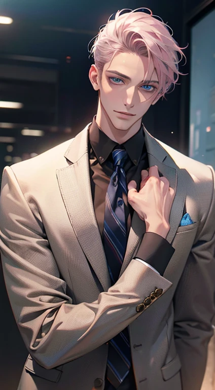 (Highest quality,4K,8K,High resolution,masterpiece:1.2),Super detailed,(Realistic,photoRealistic,photo-Realistic:1.37),1 person,31 years old,Mature Men,Beautiful skin、very handsome,Expressionless,smile,Short gray pink hair,blue eyes,Sharp Eyes,A perfect face without a doubt,Businessman,Office Background,Cinema Lighting,HDR image,tie、