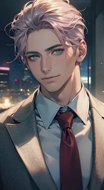 (Highest quality,4K,8K,High resolution,masterpiece:1.2),Super detailed,(Realistic,photoRealistic,photo-Realistic:1.37),1 person,31 years old,Mature Men,Beautiful skin、very handsome,Expressionless,smile,Short gray pink hair,blue eyes,Sharp Eyes,A perfect face without a doubt,Businessman,Office Background,Cinema Lighting,HDR image,tie、