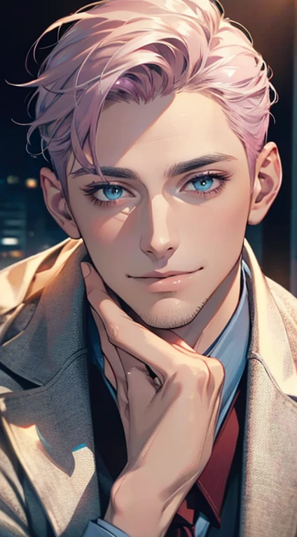 (Highest quality,4K,8K,High resolution,masterpiece:1.2),Super detailed,(Realistic,photoRealistic,photo-Realistic:1.37),1 person,31 years old,Mature Men,Beautiful skin、very handsome,Expressionless,smile,Short gray pink hair,blue eyes,Sharp Eyes,A perfect face without a doubt,Businessman,Office Background,Cinema Lighting,HDR image,tie、