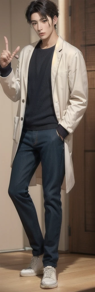 (photorealistic:1.2), (high detail face:1.3), (high detail hands:1.3), (anatomically correct hands:1.2), handsome young asian man, Japanese idol style, short clean-cut hair, ((center part)), white lab coat, black hoodie underneath, calm confident expression, (holding a product in right hand:1.3), (pointing with left index finger:1.3), explaining pose, plain white background, mid-shot portrait, high quality, detailed, 8K, (realistic skin texture:1.2), (sharp focus:1.1)