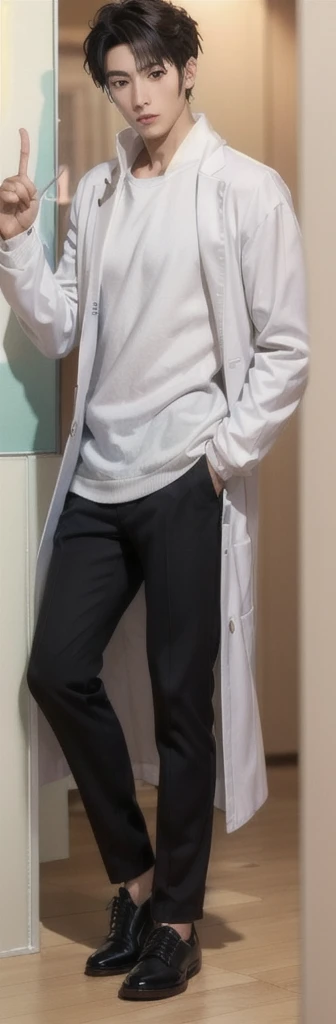 (photorealistic:1.2), (high detail face:1.3), (high detail hands:1.3), (anatomically correct hands:1.2), handsome young asian man, Japanese idol style, short clean-cut hair, ((center part)), white lab coat, black hoodie underneath, calm confident expression, (holding a product in right hand:1.3), (pointing with left index finger:1.3), explaining pose, plain white background, mid-shot portrait, high quality, detailed, 8K, (realistic skin texture:1.2), (sharp focus:1.1)