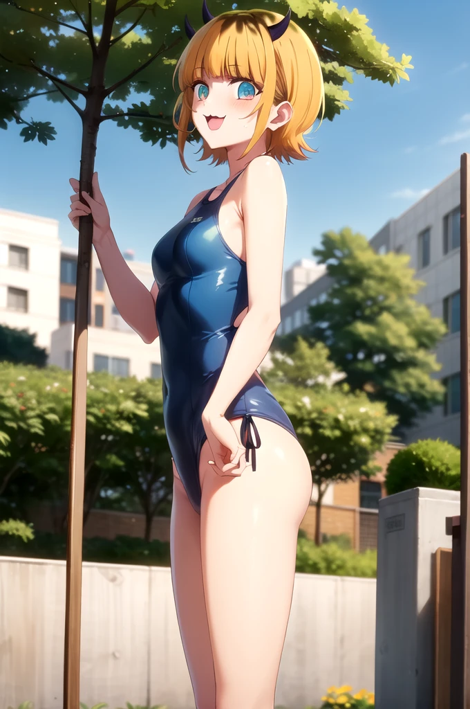 Highest quality, masterpiece, detailed, memcho, Open your mouth, A slight blush, :3, smile, short hair, Blonde, Multicolored Hair, Aqua Eye, Blunt bangs, horn, 
 
		one-piece swimsuit
.Are standing, Looking at the audience, (Day:1.2), garden, Outdoor
