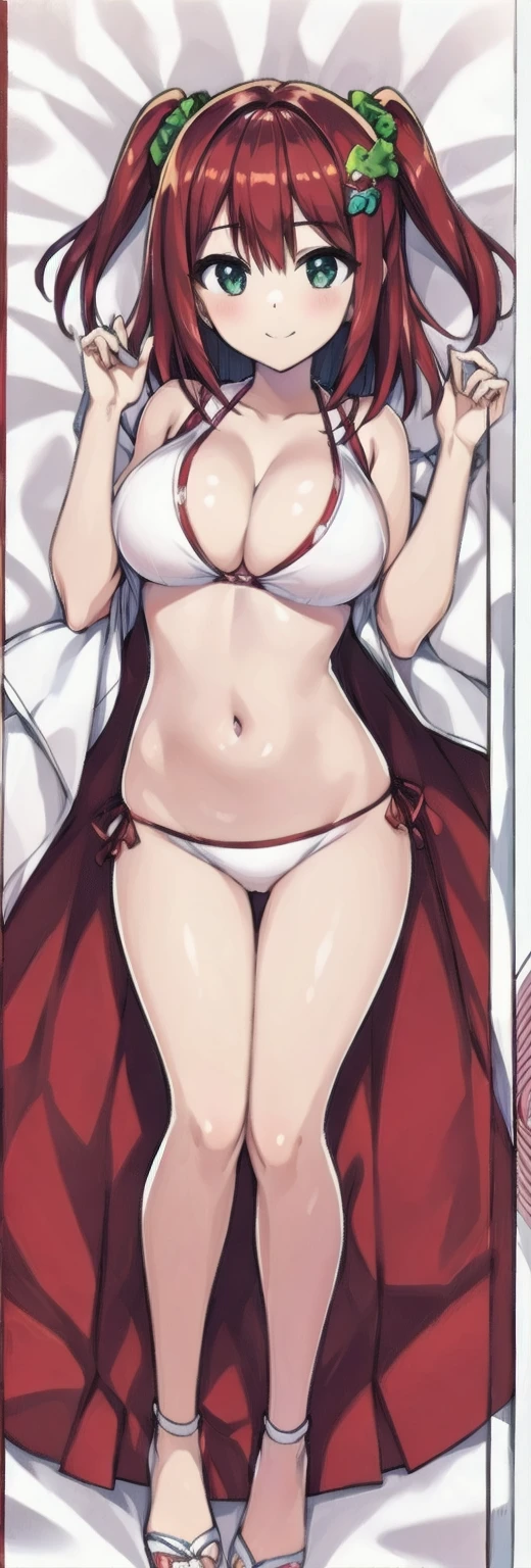 anime style, best quality, high quality, detailed face, detailed eyes,
(white background, solid white background), dakimakura,
(on back, laying, full body), Looking at Viewer,
sakimiya iruka, sakimiyairuka, sakimiya iruka, sakimiyairuka, Sakimiya enters China, dolphin wave,
独奏, 独奏 focus, medium hair, red hair, one side up, green scrunchie, hair ornament,
large breasts,
比基尼, cleavage, navel, smile,