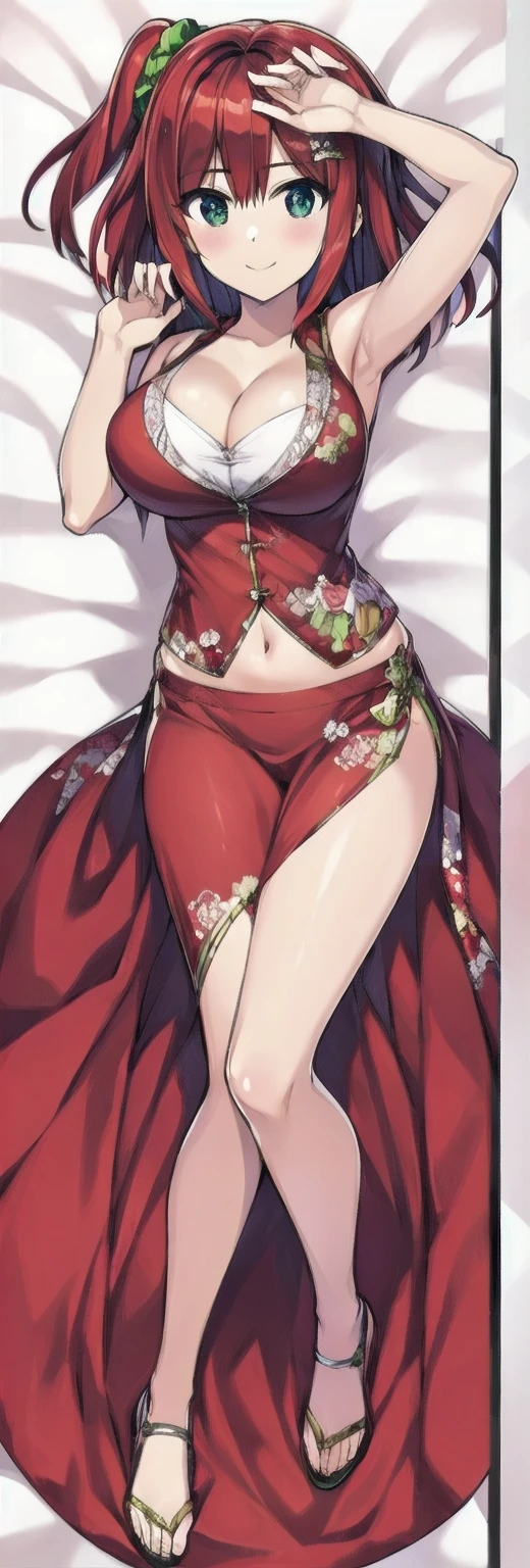 anime style, best quality, high quality, detailed face, detailed eyes,
(white background, solid white background), dakimakura,
(on back, laying, full body), Looking at Viewer,
sakimiya iruka, sakimiyairuka, sakimiya iruka, sakimiyairuka, Sakimiya enters China, dolphin wave,
独奏, 独奏 focus, medium hair, red hair, one side up, green scrunchie, hair ornament,
large breasts,
比基尼, cleavage, navel, smile,
