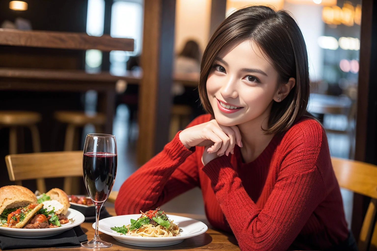 ((Highest quality、8K、masterpiece:1.3))、slimカップル、modelカップル、(Realistic, Intricate details:1.2), full-course dinner、Wine Party、Amazing view of the sunset sky and clouds、A bright smile、The wonderfulness of smile、Bright image、The beauty of wine, Beautiful Face, blue eyes, The light shines on your face, Blushing, short hair,Bright Face、 (Age 43), 39 years old, red wine 、Appetizers、Italian food、Wine bottle、Champagne、sparkling wine、Two beauties、Brown Hair、Shortcuts、Long sleeve shirt、dress、Beautiful woman 1, (slimな顔), (The body is slim), (Brown Hair), (Shortcuts), cheeks turn a little red,Attractive beauty、restaurant, In a prominent place (From the waist up) Nova Frog Style, actress, model, Upper Body, White wine, slim, wine glass, 中央に置かれたwine glass, smile, (smile: 1.15), Beautiful fine grain, Depth f/2,saturation, High Contrast, Strong light and shadow,Moist Body:1.5、3D texture、Delicate eyes、Brown Hair、The hair is very shiny、