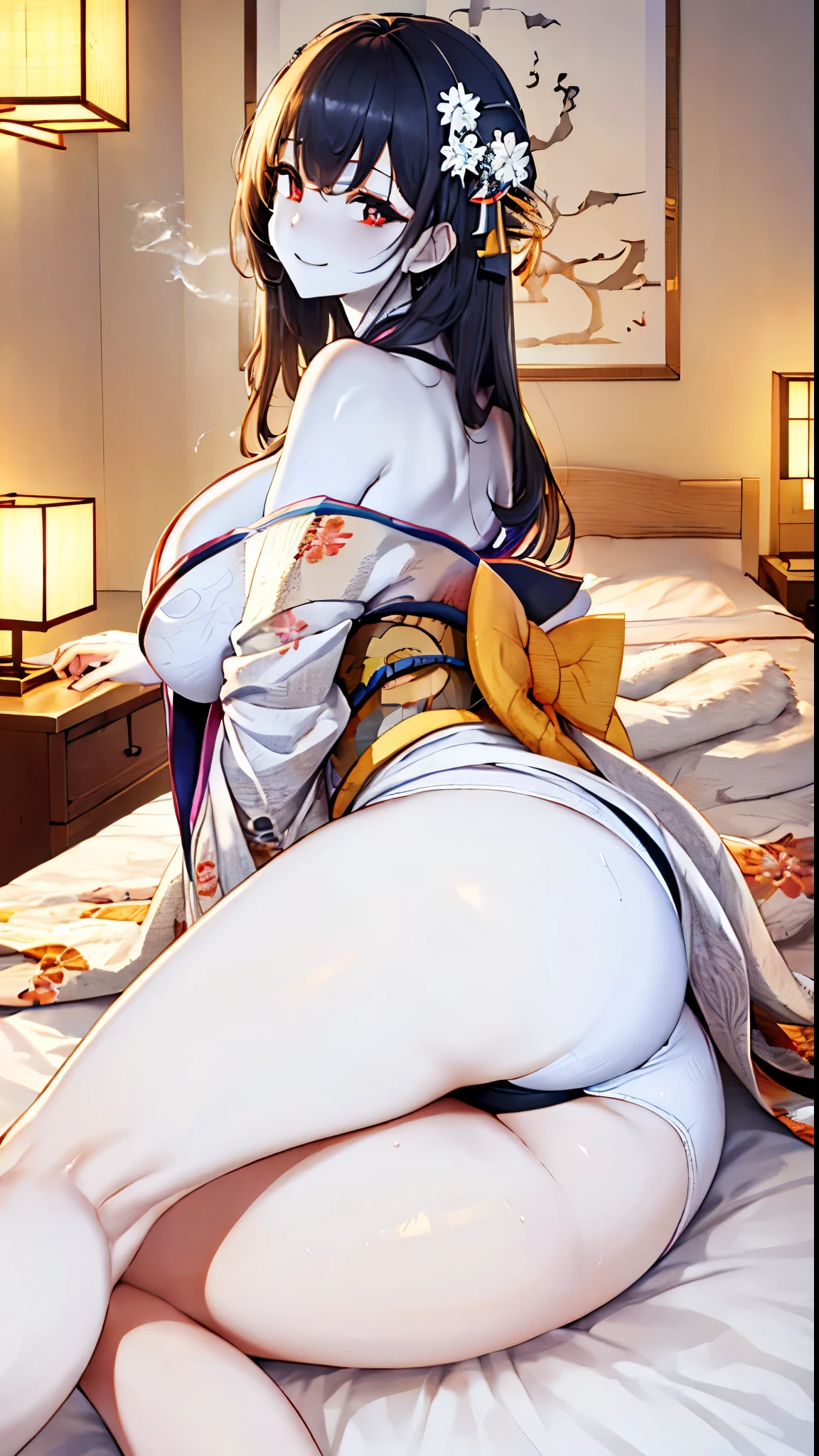 Highest quality、Highest quality、masterpiece、High-end、
,
(kimono:1.28),Heart-shaped pupils、((throw:1.8)),
smile,Mouth closed,
Lady,Mature Woman, Cowboy Shot,
(Dark Room:1.5, Love hotel beds in Japan:1.5, Detailed Background:1.18),
High resolution,Official 、Long Hair、Art,original,masterpiece,Highest quality, reality、
(Huge breasts),
 (Oily skin),((vapour,Sweat))
Lying on the futon in a sexy pose、Lie down with your legs apart, invite、Run the service、service、Straight hair、(White skin:1.5)、Black open kimono、Big cleavage、Latex gal-style underwear、A seductive smile、(((ass pov:1.2, Dark Room、灯りのないDark Room))), A dreamy face、Sexy Face