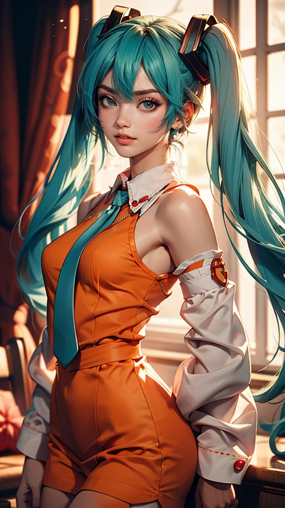 masterpiece, Hatsune Miku, White shirt, red tie, Exposing shoulders, The sleeves are separated, Evil Smiley Face, Dark Skin, Red eyes, Iris, Pupil orange,White woman、Sexy figure