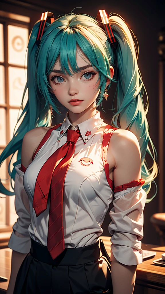 masterpiece, Hatsune Miku, White shirt, red tie, Exposing shoulders, The sleeves are separated, Evil Smiley Face, Dark Skin, Red eyes, Iris, Pupil orange,White woman、Sexy figure