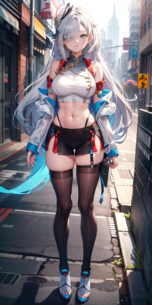 Shenhe V4, (Shen He wears a sweater), White sweater, stocking, (Solitary:1.1), (Mature woman:1.2), Pretty Face, (Delicate eyes), Symmetrical eyes, (Thin lips), (Long hair, Gray hair, Weaving, Hair covering one eye, Hair accessories), (Beautiful round breasts), Full body, Abdominal muscles, Bare belly, Slim waist, (masterpiece, Best quality), Soft ambient lighting, permanent, Front view, city street background, architecture, New York, Bright colors, sunny, Blue sky, Looking at the audience, Slim waist, HD, 8K, Bright colors, complex, (Abdominal musclesurdres:1.2), Vague_background, Bokeh, (Clear focus) ((Delicate face)), Facial details, (pov thigh)