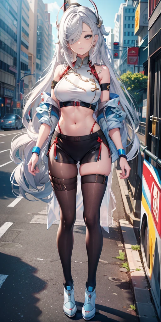 Shenhe V4, (Shen He wears a sweater), White sweater, stocking, (Solitary:1.1), (Mature woman:1.2), Pretty Face, (Delicate eyes), Symmetrical eyes, (Thin lips), (Long hair, Gray hair, Weaving, Hair covering one eye, Hair accessories), (Beautiful round breasts), Full body, Abdominal muscles, Bare belly, Slim waist, (masterpiece, Best quality), Soft ambient lighting, permanent, Front view, city street background, architecture, New York, Bright colors, sunny, Blue sky, Looking at the audience, Slim waist, HD, 8K, Bright colors, complex, (Abdominal musclesurdres:1.2), Vague_background, Bokeh, (Clear focus) ((Delicate face)), Facial details, (pov thigh)