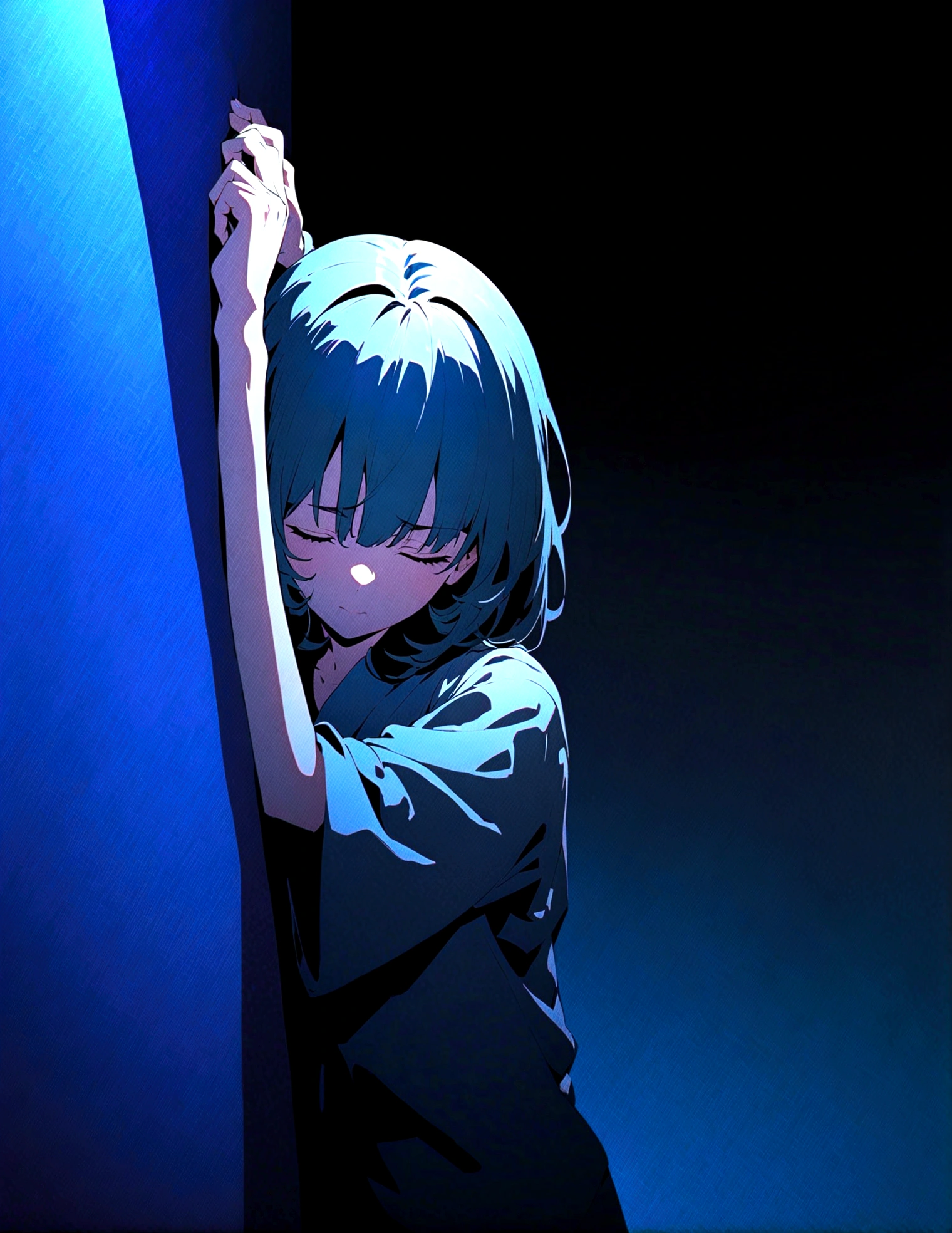 Create an intense and evocative portrait in the style of retro Japanese anime from the 80s and 90s. The scene shows a woman bathed in a deep blue light, leaning against a wall with her arms raised and eyes closed in a moment of raw emotion. Her outfit is minimalist, accentuating the curves of her body and the dramatic shadows cast by the lighting. The background is austere, with strong contrasts that highlight the contours of its shape. The blue and black palette intensifies the atmosphere, evoking a sense of mystery and allure. Subtle film grain and meticulous shading add depth and texture, emphasizing the emotional gravity of the scene. Lighting creates a chiaroscuro effect, accentuating its expressive pose and intense atmosphere.