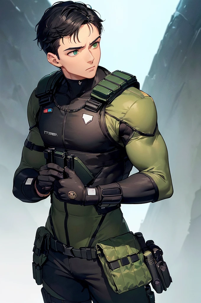 (masterpiece; best quality: 1.2), (finely detailed eyes: 1.3), ((25 year old man)), ((solo)), (green eyes: 1.4), (body; lean, fit, masculine: 1.3), (short black hair: 1.3), (beautiful and clear background: 1.2), ((depth of field)), (equipment: all-black spec ops soldier uniform + black gloves + pouches: 1.3), (anime illustration: 1.2), (background composition; military base office: 1.1), (extremely fine and handsome: 1.1), (shot composition; standing + centered on torso + close-up: 1.5), (expression; calm, stoic: 1.2)