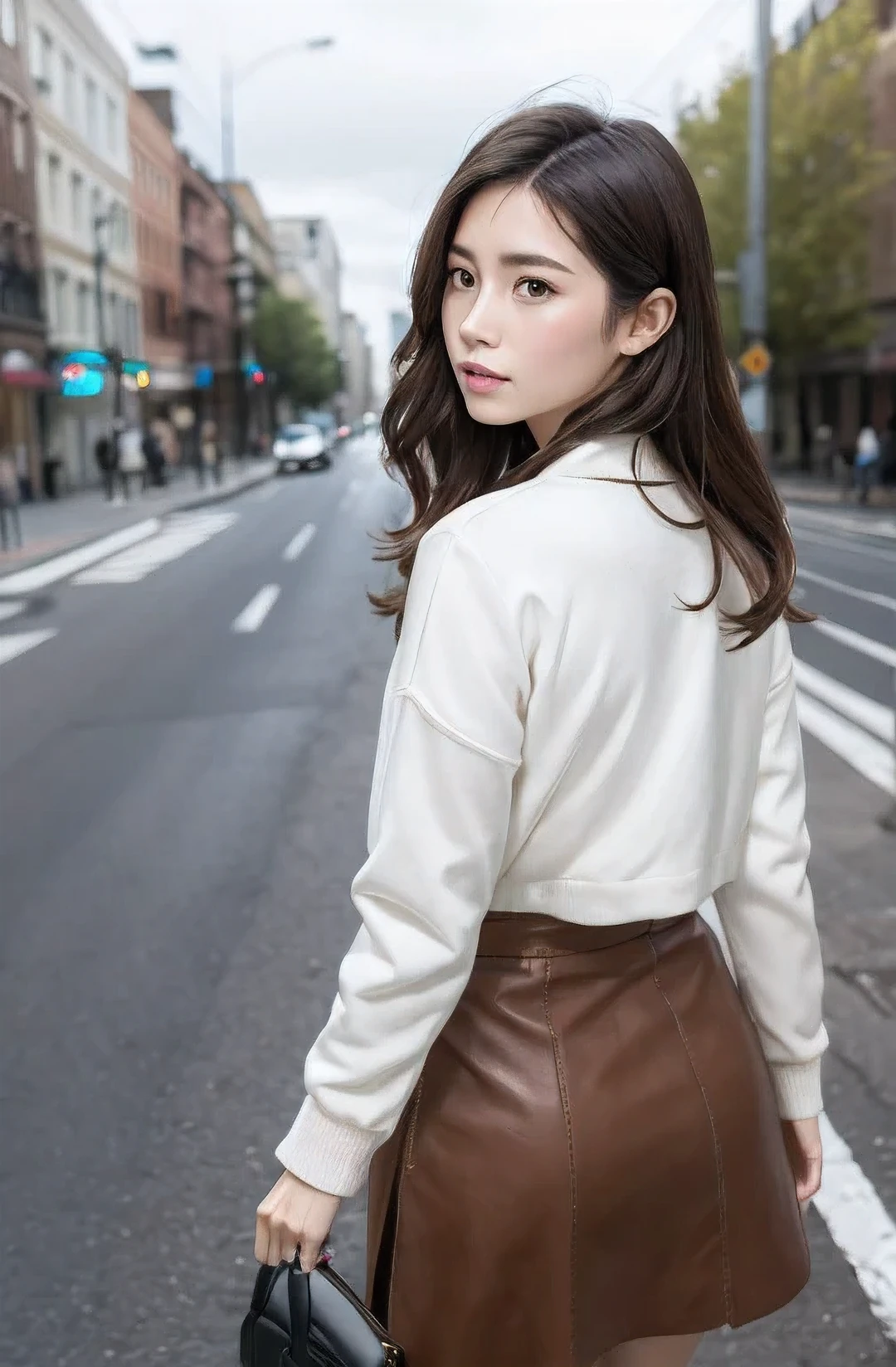 Beautiful Face, Elbow-length gloves, (Pale skin:1.3), Refreshing look, colorful, Her shoulder pads were normal., masterpiece, Highest quality, High resolution, the young woman wears skirts and a short white jacket and holds a briefcase as she walks across the road, 1girl, solo, walking, bag, long hair, , from behind, ground vehicle, skirt, brown hair