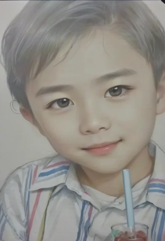 Drawing of a boy drinking through a straw, Realism drawing, Pencil drawing, a Pencil sketch, pencil on paper, traditional art, Shim Sa-jeong, Pencil sketch, Inspired by Yonghao Han, Inspired by Huang Gongwang, Realistic sketch, Traditional drawing style, hyperRealistic sketch, Traditional portrait, Close-up portrait, Realistic portraits etc.、Please recreate the deep nasolabial folds that appear when smiling from the nostrils to the mouth...。