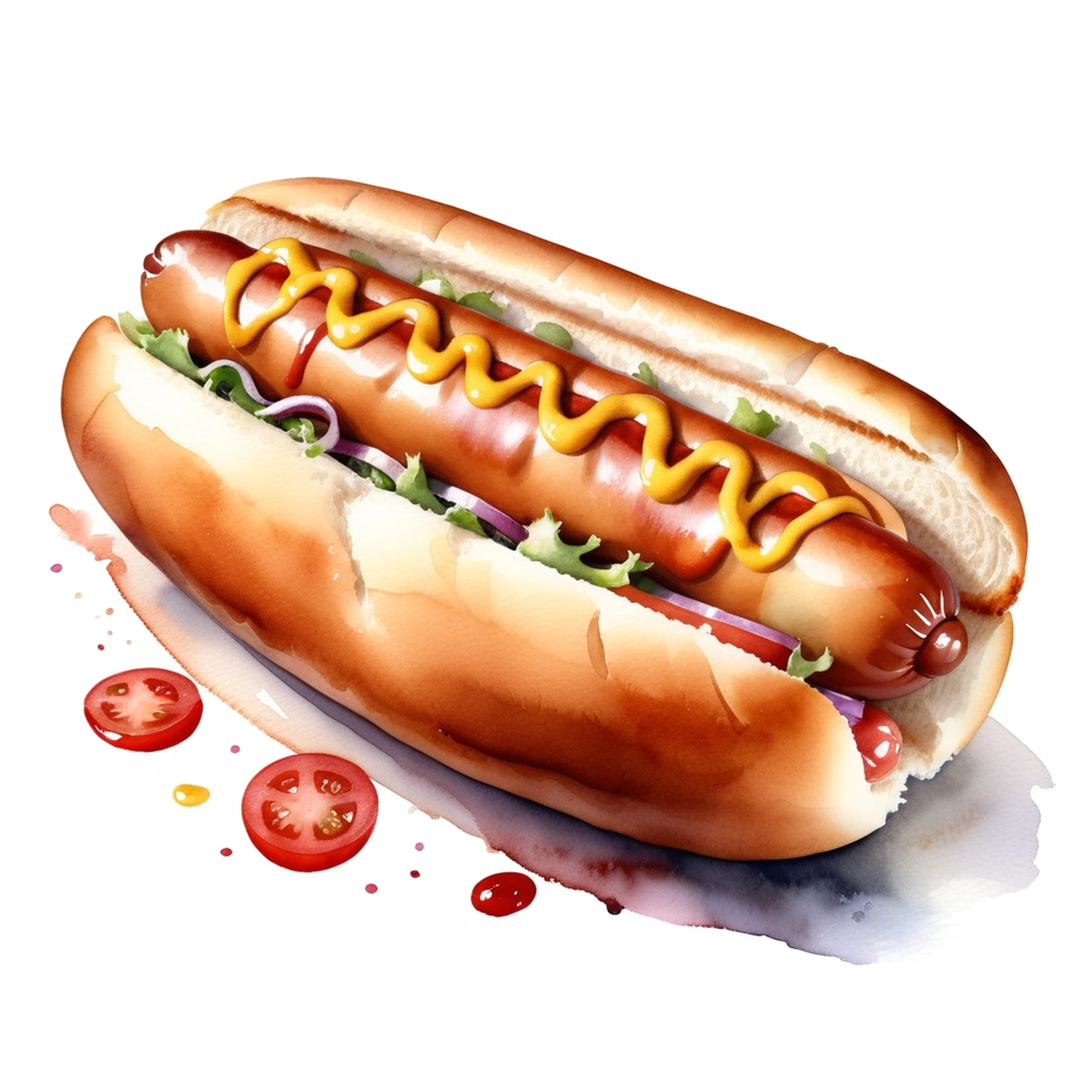 there is a huge extremely delicious fresh hot dog, (watercolor), illustration, isolated with solid white background, surrounded with negative space, centered compositon, 8k, highly detailed painting, very precise painting, Isolated, clear brilliant white background