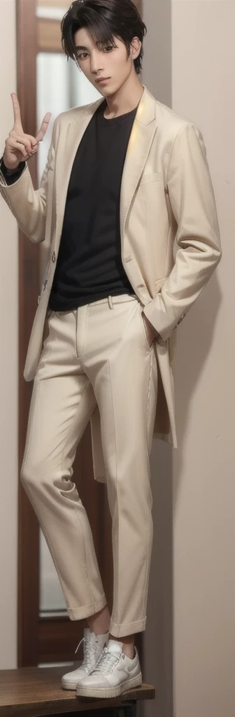 (photorealistic:1.2), (high detail face:1.3), (high detail hands:1.3), (anatomically correct hands:1.2), handsome young asian man, Japanese idol style, short clean-cut hair, ((center part)), white lab coat, black hoodie underneath, calm confident expression, (holding a product in right hand:1.3), (pointing with left index finger:1.3), explaining pose, plain white background, mid-shot portrait, high quality, detailed, 8K, (realistic skin texture:1.2), (sharp focus:1.1)